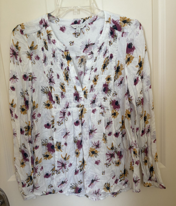 Lucky Brand Tops - Lucky brand Small textured smocked long sleeve babydoll top floral boho